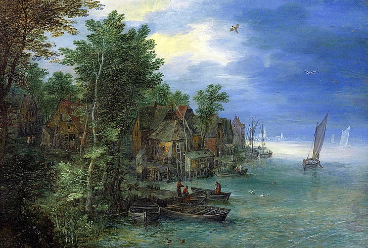Landschaft, Bild, Jan Brueghel der Ältere, Dorf am Ufer des Flusses, HD-Hintergrundbild
