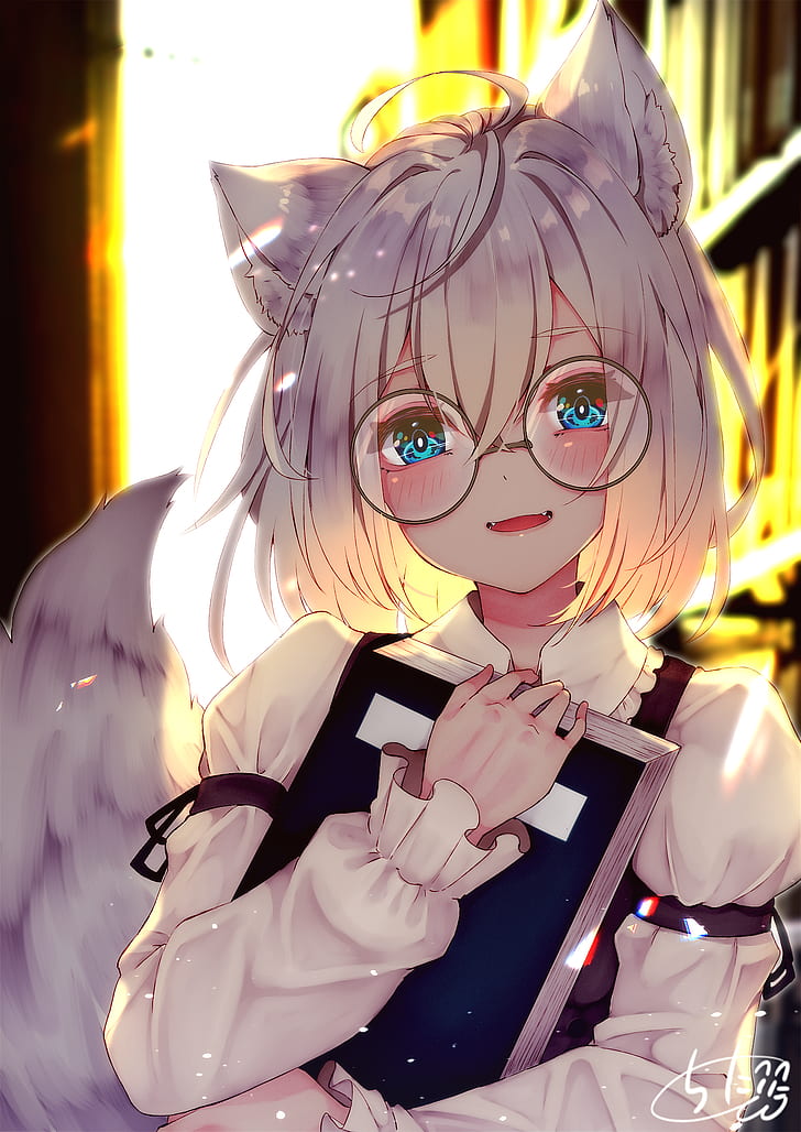 anime girls, original characters, anime, fantasy girl, white hair, bangs, blue eyes, fox girl, foxy ears, backlighting, books, library, depth of field, women with glasses, glasses, looking at viewer, blushing, smiling, fangs, portrait display, tail, animal ears, artwork, digital art, illustration, 2D, drawing, chita (ketchup), HD wallpaper