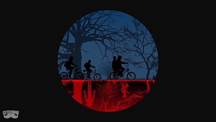 ilustrasi tiga orang mengendarai sepeda, Stranger Things, seni digital, Wallpaper HD