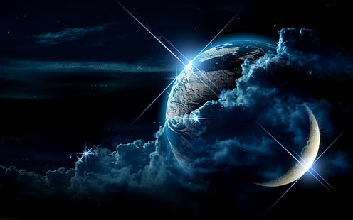惑星、雲の背景、光、星、背景ウルトラHD 4K、 HDデスクトップの壁紙 HD wallpaper