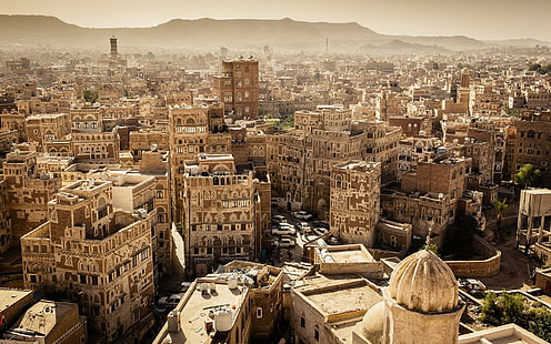 йемен санаа город городской пейзаж здание старое здание, HD обои HD wallpaper