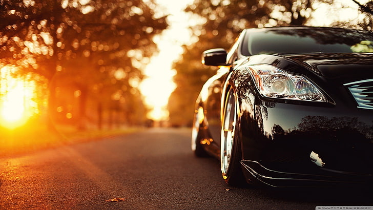 czarny samochód, samochód, zachód słońca, Lexus, Tapety HD