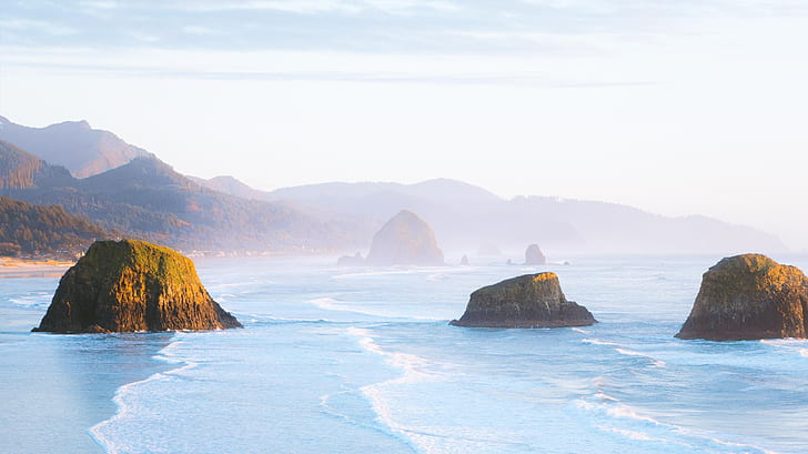 Playa, Ecola State Park, rocas, montañas, Oregon, paisaje, mar, naturaleza, Océano Pacífico, Fondo de pantalla HD