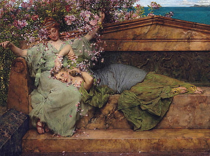 Por Lawrence Alma Tadema, em um jardim de rosas, HD papel de parede HD wallpaper