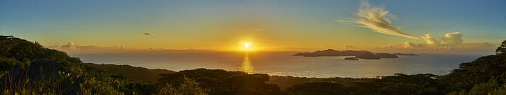 sunrise, clouds, hills, sea, horizon, landscape, nature, sky, Sun, multiple display, triple screen, ultrawide, island, panorama, HD wallpaper