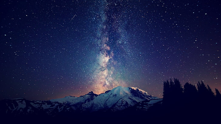 white and black mountain, sky, stars, mountains, trees, night, space, HD wallpaper
