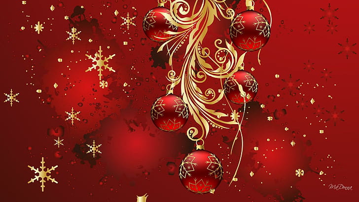 Crimson Natal, dekorasi, kilau, bintang, kepingan salju, natal, bola, cerah, feliz navidad, emas, bersinar, Wallpaper HD