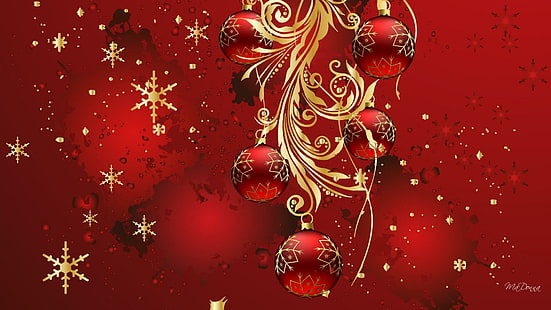 Natale cremisi, decorazioni, glitter, stelle, fiocchi di neve, natale, palline, brillanti, feliz navidad, oro, lucentezza, Sfondo HD HD wallpaper