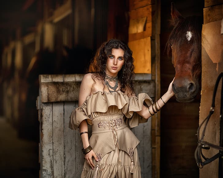 Anastasia Barmina, women, brunette, long hair, curly hair, jewelry, necklace, dress, bare shoulders, ranch, horse, animals, HD wallpaper