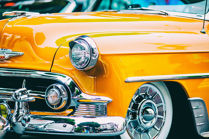 yellow classic car, Chrome  yellow, classic car, America, Bay Area, Bel Air  California, Carnaval San Francisco, Chevrolet  Chevy, Mission District, SF, United States of America, auto, automobile, car, parade, chrome, retro Styled, land Vehicle, old-fashioned, classic, transportation, vintage Car, old, antique, mode of Transport, collector's Car, shiny, HD wallpaper