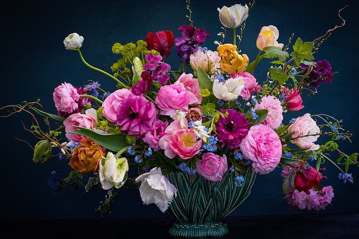 flowers, background, roses, bouquet, tulips, vase, forget-me-nots, Ranunculus, Erysimum, HD wallpaper