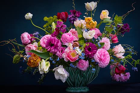  flowers, background, roses, bouquet, tulips, vase, forget-me-nots, Ranunculus, Erysimum, HD wallpaper HD wallpaper