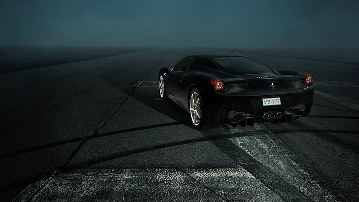 black coupe, Ferrari 458, car, Ferrari, black, night, HD wallpaper