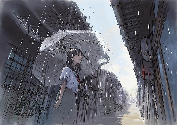 аниме момичета, жени, дъжд, чадър, HD тапет