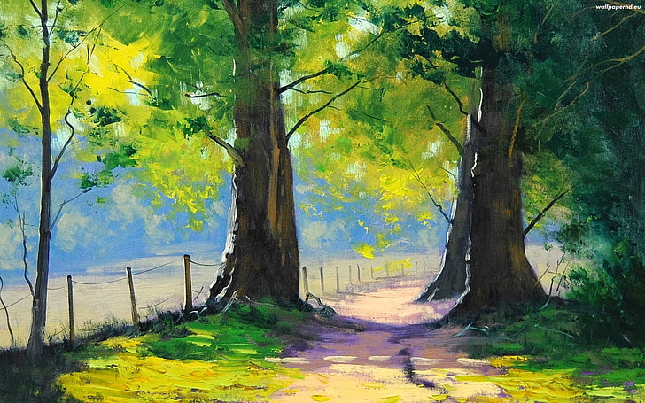 pintura de árboles de hoja verde, Graham Gercken, pintura, árboles, valla, Fondo de pantalla HD