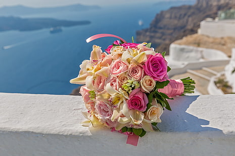 bouquet di rose bianche e rosa, rose, amore, gemme, fiori, romantico, bouquet da sposa, Sfondo HD HD wallpaper