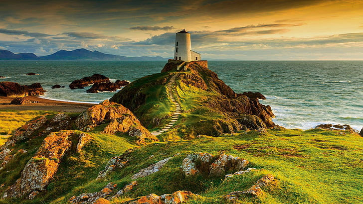 Twr mawr lighthouse, llanddwyn island lighthouse, lighthouse, llanddwyn island, anglesey, Pays de Galles, Royaume-Uni, Europe, Ynys llanddwyn, Grande-Bretagne, Fond d'écran HD
