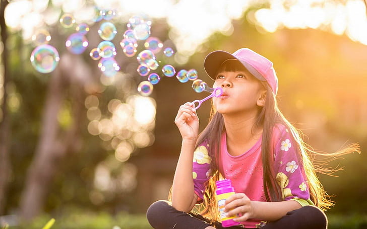 Bubbles Girl Kid Mood, балони, момиче, настроение, HD тапет