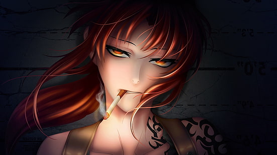 anime, Anime Girls, Badass, Black Lagoon, cigarettes, yeux rouges, rousse, Revy, tatouage, Fond d'écran HD HD wallpaper