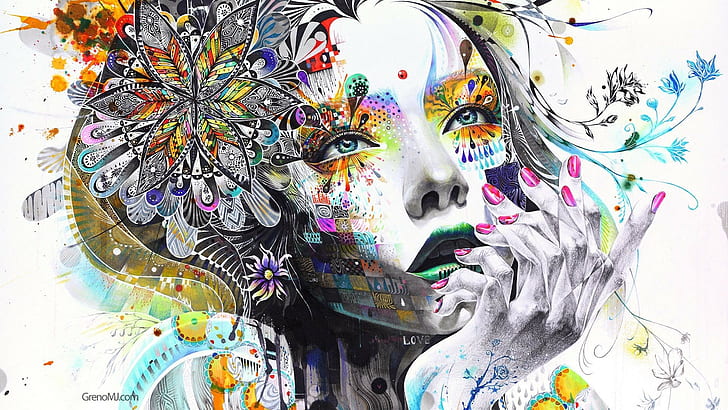 paint splatter, portrait, eyes, digital art, hands, mosaic, colorful, love, surreal, Minjae Lee, face, anime, painting, flowers, women, painted nails, artwork, HD wallpaper