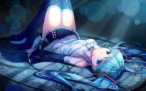 Anime, Anime Girls, Vocaloid, Hatsune Miku, Beine, Rock, langes Haar, blaues Haar, blaue Augen, Strümpfe, Uhren, Twintails, HD-Hintergrundbild HD wallpaper