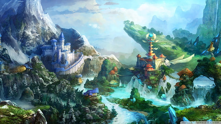 lukisan kastil biru dan putih, berwarna-warni, kastil, seni fantasi, Wallpaper HD