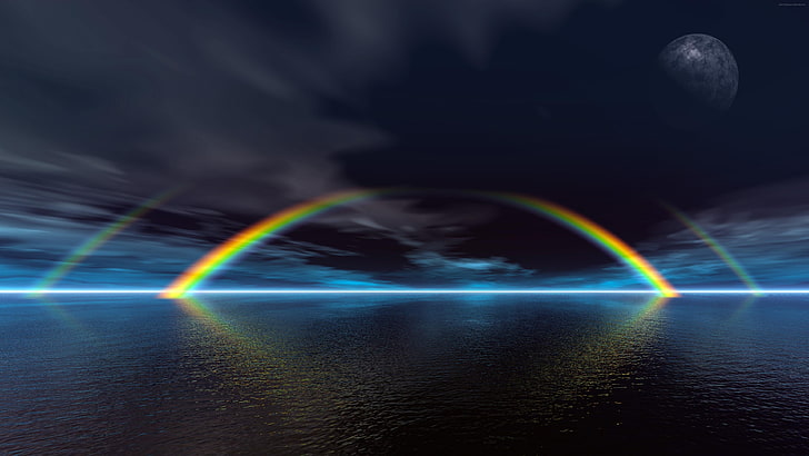 Regenbogen, Mond, Meer, Wasser, Wasserlandschaft, Nachthimmel, Himmel, Raum, Fantasiekunst, HD-Hintergrundbild