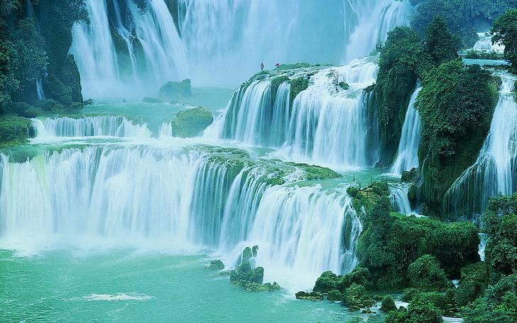 водопады, природа, пейзаж, водопад, кустарники, зелень, Китай, HD обои