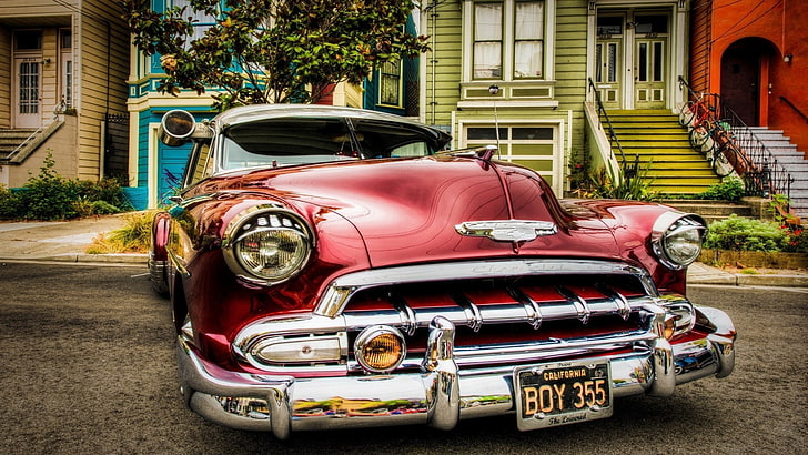Chevrolet, vintage, car, Oldtimer, red cars, vehicle, trees, house, urban, HD wallpaper