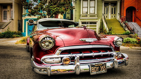 Chevrolet, vintage, carro, Oldtimer, carros vermelhos, veículo, árvores, casa, urbana, HD papel de parede HD wallpaper