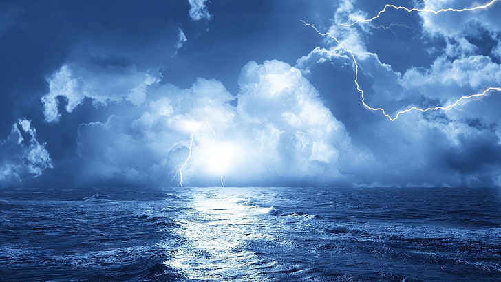 blue body of water, lightning, sea, storm, clouds, waves, elements, category, HD wallpaper