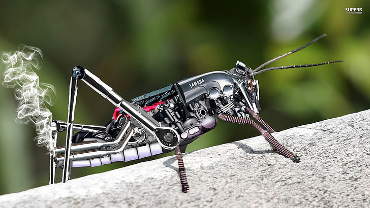 schwarze Roboter-Heuschrecke, Heuschrecke, Insekt, Roboter, digitale Kunst, Yamaha, Rauch, HD-Hintergrundbild