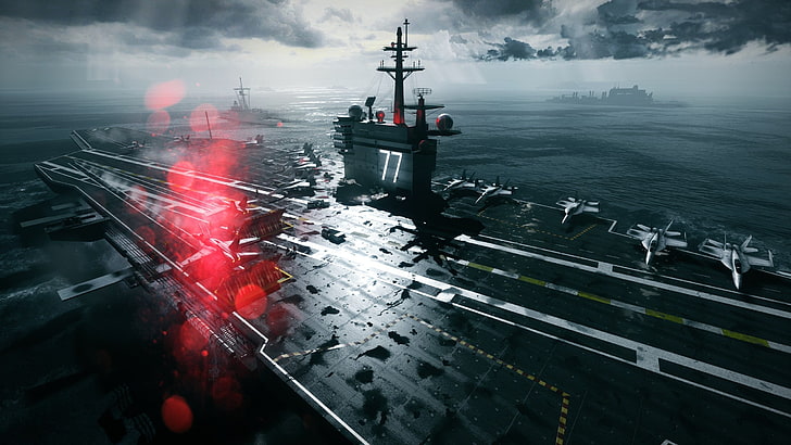 medan perang, samudera atlantik, jet tempur, kapal induk, awan, Battlefield 4, video game, Wallpaper HD