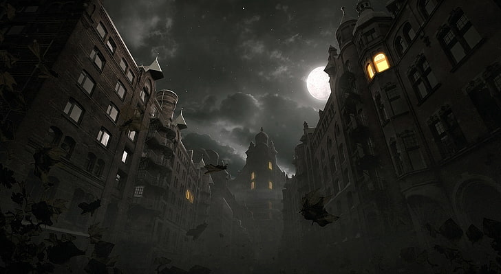 Dark City Autumn Scene, illustrazione dell'edificio a tema halloween, Artistico, Fantasia, Città, Buio, Autunno, Scena, Sfondo HD