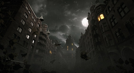 Есенна сцена на тъмния град, илюстрация на сграда на тема Хелоуин, художествена, фантазия, град, тъмна, есен, сцена, HD тапет HD wallpaper