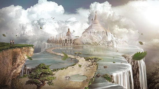 mondo da sogno, castello fantasy, cascate, nuvole, sogno, fantasy art, Sfondo HD HD wallpaper