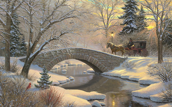 häst som drar en vagn genom en bromålning, vinter, skog, snö, solnedgång, bro, flod, fågel, häst, träd, åt, lykta, tränare, målning, fiskbens, konst, Mark Keathley, skimrande, Evening Romance, HD tapet