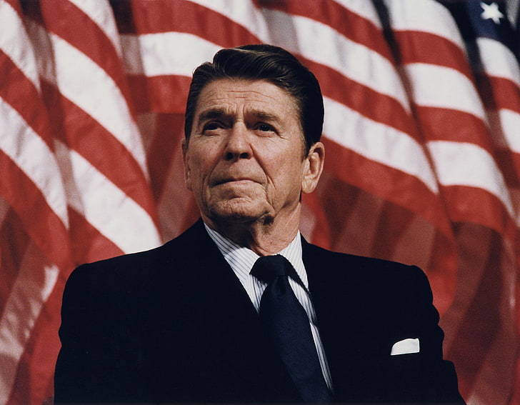 polo da uomo a righe bianche e nere, Ronald Reagan, uomo, figura politica, completi, stelle e strisce, cravatta, Sfondo HD