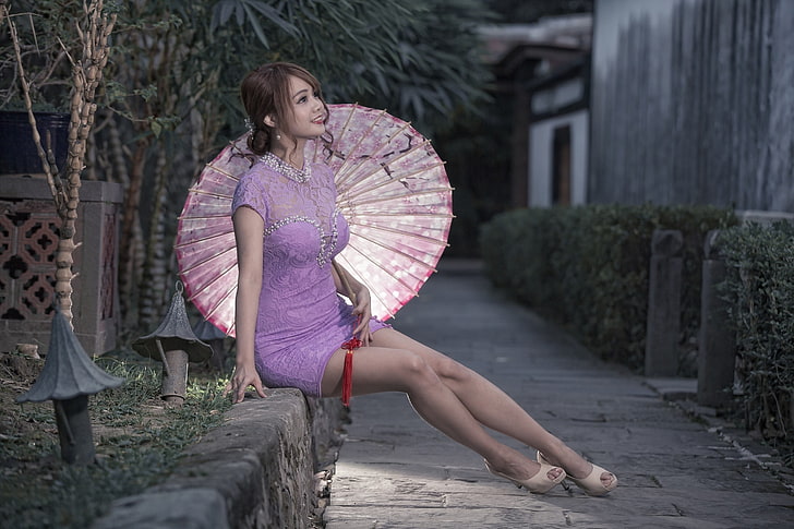 Asiatico, ombrello, donna, modello, gambe, tacchi alti, Sfondo HD