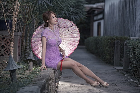 Азиатка, зонт, женщины, модель, ножки, высокие каблуки, HD обои HD wallpaper
