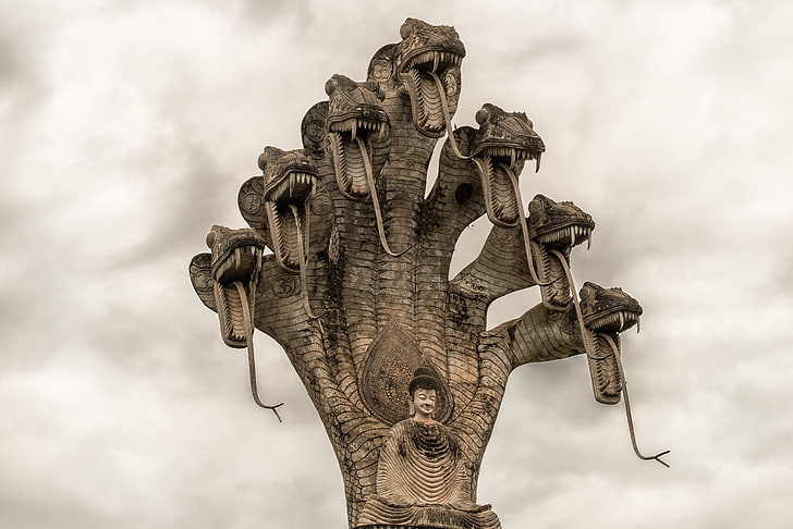 religious person statue, photography, architecture, snake, Buddha, angry, India, statue, Naga, HD wallpaper