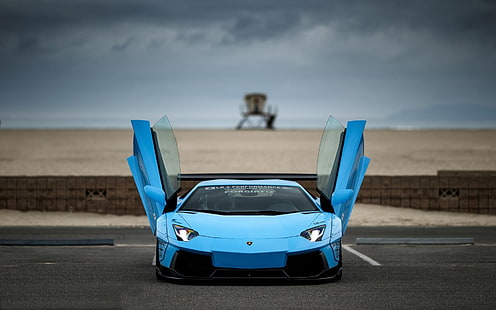 Niebieski supersamochód Lamborghini Aventador, drzwi otwarte, niebieski lamborghini aventador, niebieski, Lamborghini, supersamochód, drzwi, otwarte, Tapety HD HD wallpaper