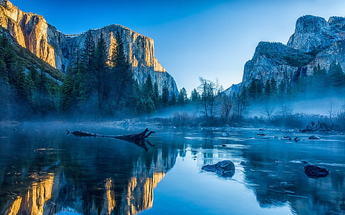 su kütlesi, Yosemite Ulusal Parkı, ABD, Yosemite Vadisi, Kaliforniya, manzara, nehir, su, OS X, yansıma, sis, doğa, Apple Inc., ağaçlar, HD masaüstü duvar kağıdı HD wallpaper
