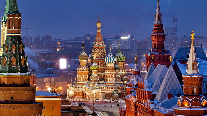 architecture, Birds Eye View, building, Capital, Cathedral, city, Cityscape, Evening, Lights, Moscow, Red Square, Rooftops, russia, snow, street, winter, HD wallpaper