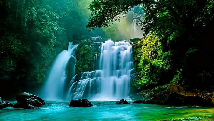 waterfall, nauyaca waterfalls, costa rica, dominical, body of water, water, stream, chute, forest, HD wallpaper