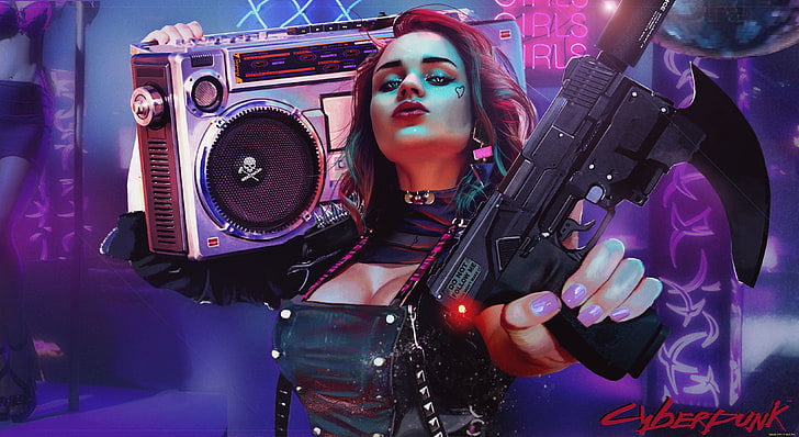 붐 박스와 권총 그래픽 벽지, 삽화, 사이버 펑크를 운반하는 여자, HD 배경 화면