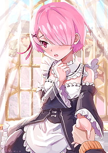 Anime, Anime Girls, Fankunst, Re: Zero Kara Hajimeru Isekai Seikatsu, Ram (Re: Zero), weiße Haut, Dienstmädchen, Dienstmädchen-Outfit, rosa Haare, HD-Hintergrundbild HD wallpaper