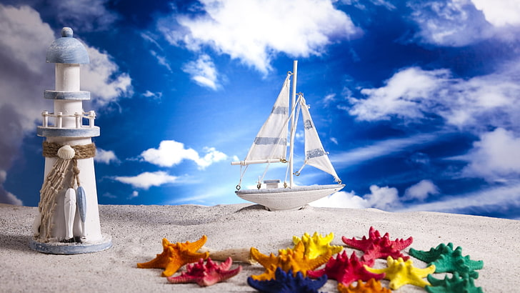 white and blue sailboat scale model, sand, layout, ship, lighthouse, sea stars, sky, clouds, HD wallpaper