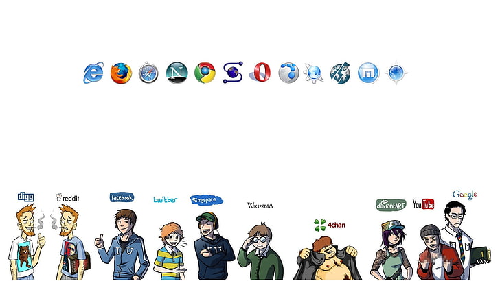 лого на социалните медии, reddit, Facebook, Twitter, MySpace, 4chan, DeviantArt, YouTube, Google, Internet Explorer, Mozilla Firefox, Google Chrome, браузър Opera, HD тапет