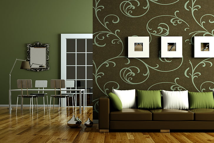 коричневый кожаный 3-местный диван, дизайн, зеленый, стиль, стол, диван, дерево, лампа, стулья, интерьер, подушка, зеркало, пол, квартира, коричневый, гостиная, HD обои